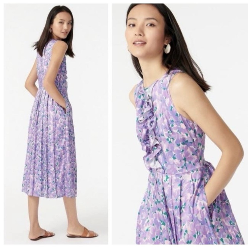 J. Crew Collection Ruffle Front Pleated Dress Ratti Lilac Collage Print Size 6